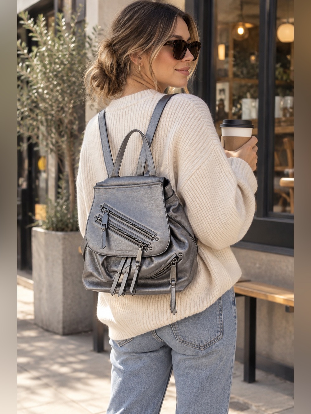 Marc Jacobs Metallic Silver Leather Zip Detail Backpack